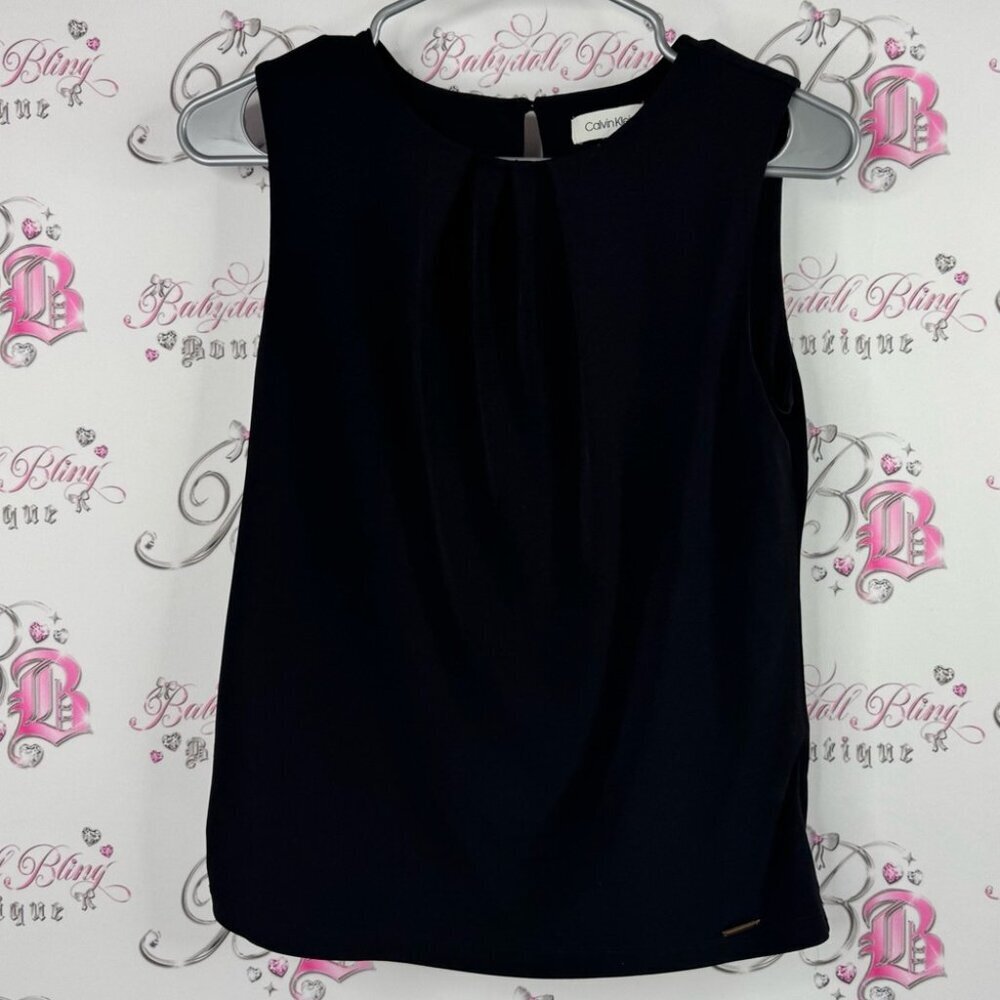 Calvin Klein tank top blouse pleated design gold logo Black Sleeveless Blouse